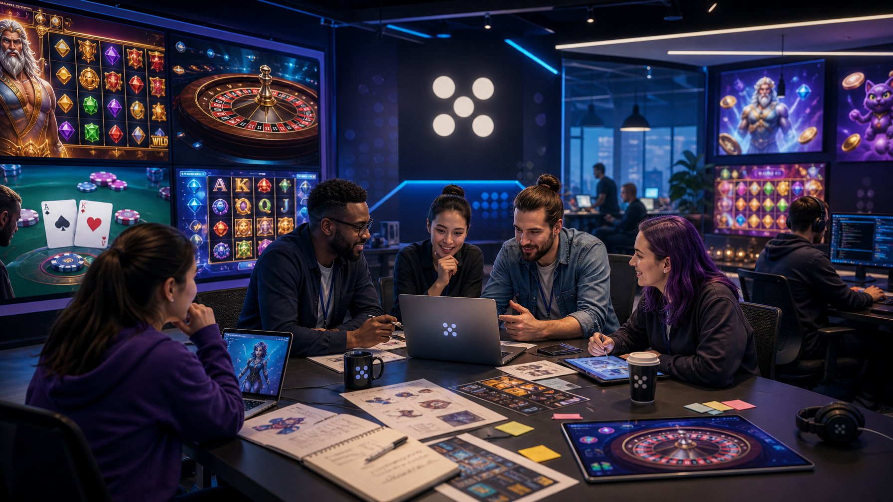 A Group Of Professionals Working Together In A Modern Gaming Studio With Digital Casino Game Screens And Equipment.