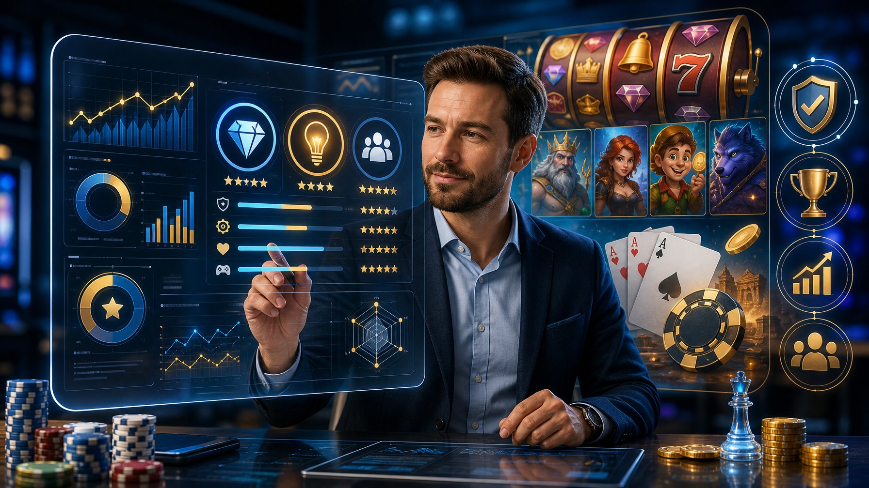 A Person Reviewing Casino Game Elements On A Digital Dashboard With Reels, Cards, And Chips In The Background.