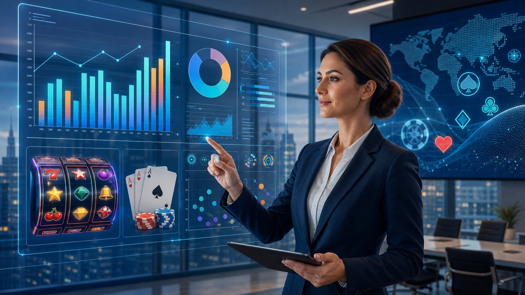 A Businesswoman Analyzing Casino Game Data On A Digital Screen In A Modern Office With A City Skyline In The Background.