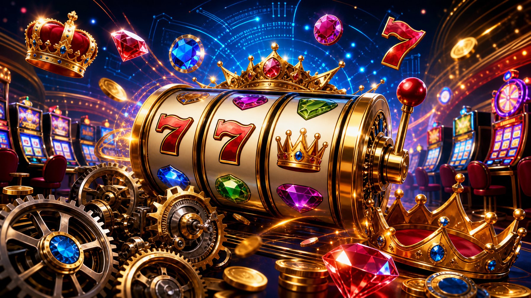 A Vibrant Casino Scene With Spinning Slot Machine Reels And Colorful Symbols, Surrounded By Mechanical Gears And Glowing Digital Elements.