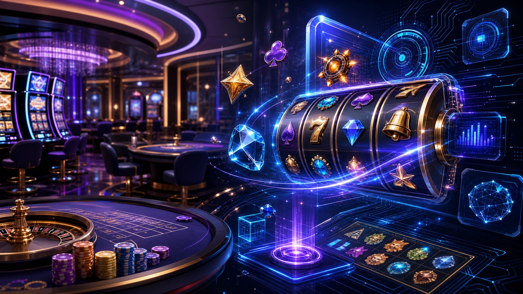 A Modern Casino Scene With Digital Slot Machines And Gaming Tables Featuring Glowing Symbols And Futuristic Technology Elements, Representing Innovation In Casino Game Design.