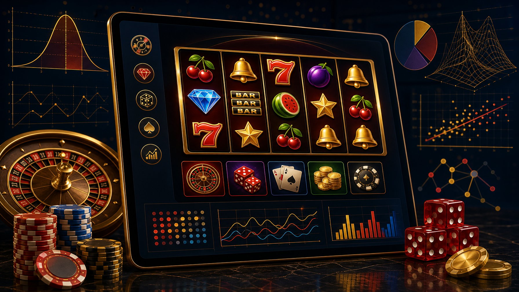 A Digital Portfolio Showing Casino Slot Machine Reels, Game Icons, And Mathematical Charts On A Dark, Elegant Background.