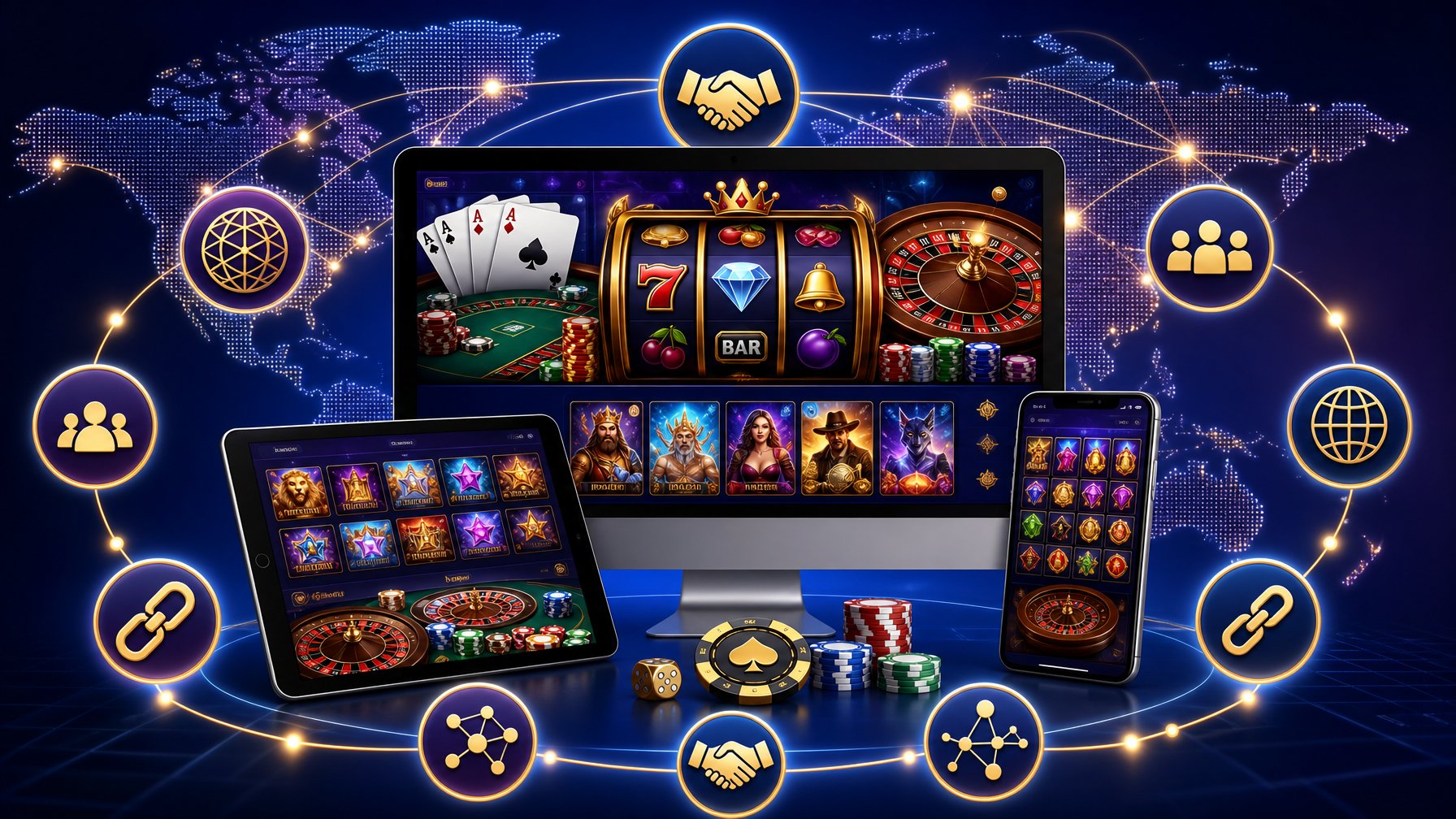 Multiple Digital Devices Showing Casino Games Connected By Network Icons Over A World Map Highlighting Global Distribution.