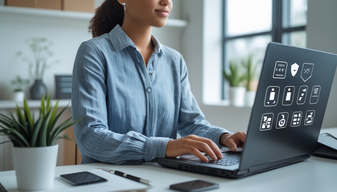 Seseorang menggunakan laptop di ruang kerja modern yang terang, fokus memeriksa informasi untuk memilih situs online dengan aman.