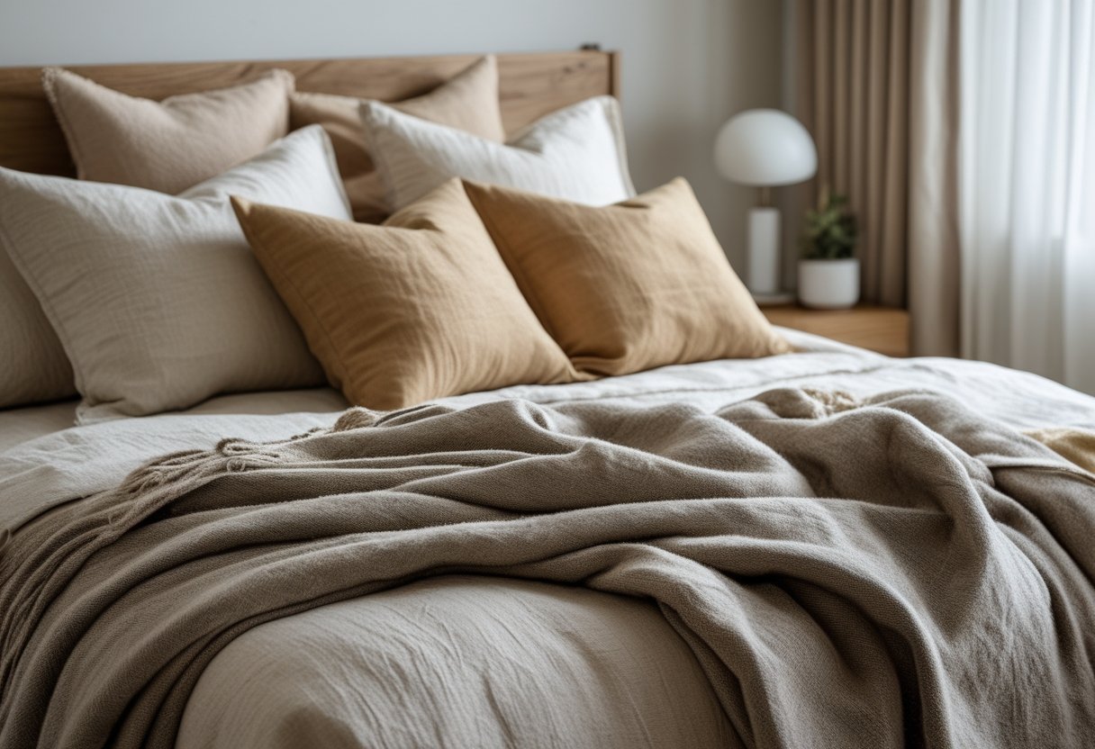 Cozy Bedroom Ideas 2026: Simple Ways To Make Your Space Feel Warm And Inviting 3 A bed with layered bedding including a linen duvet, wool blanket, and multiple textured throw pillows in a cozy bedroom.