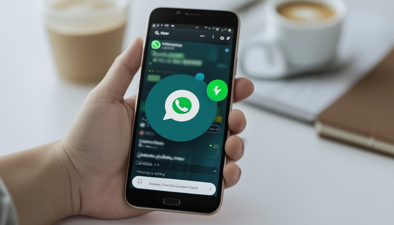 Tangan memegang ponsel yang menampilkan layar WhatsApp dengan latar belakang minimalis.