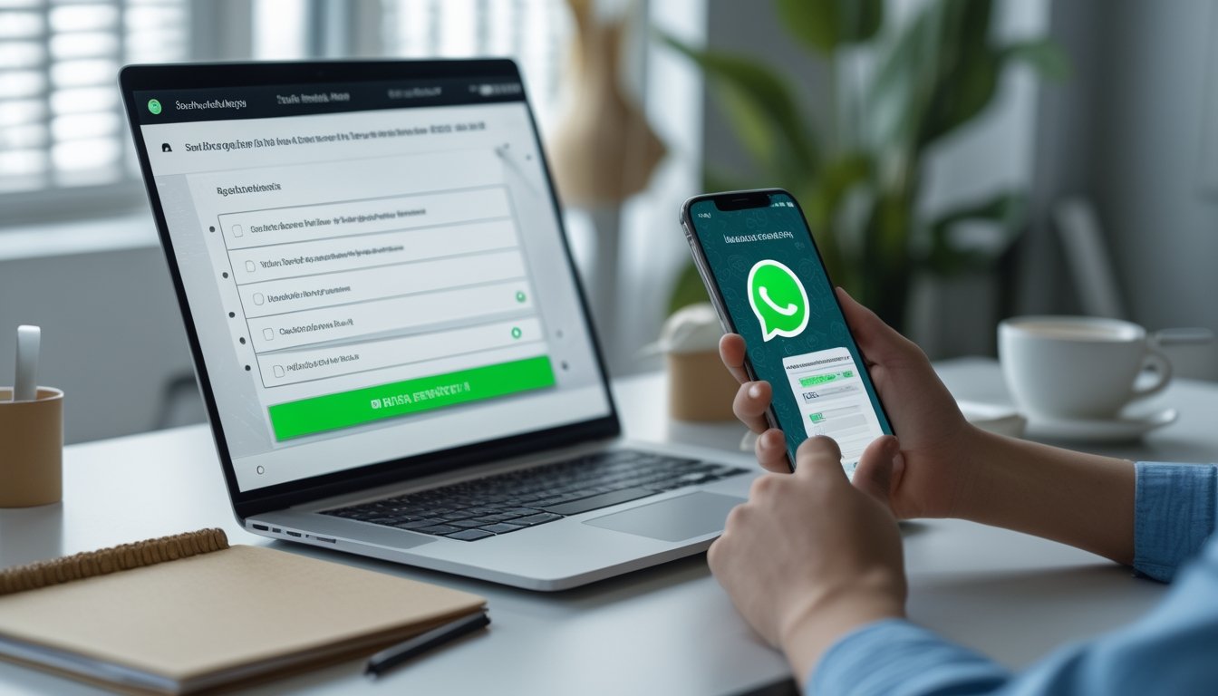 Seseorang menggunakan ponsel dengan layar WhatsApp dan laptop yang menampilkan formulir pendaftaran di meja kerja.