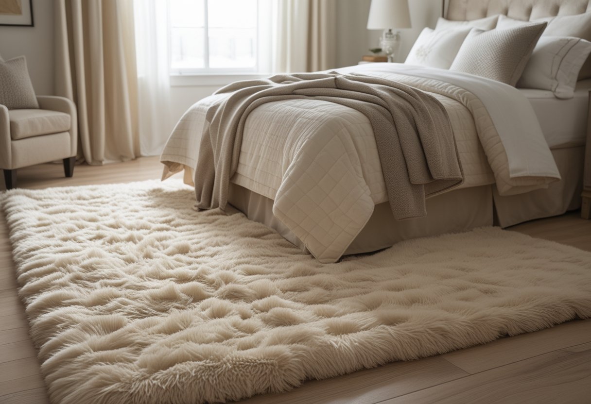 Cozy Bedroom Ideas 2026: Simple Ways To Make Your Space Feel Warm And Inviting 5 A cozy bedroom with a plush area rug placed under a neatly made bed, illuminated by natural light.
