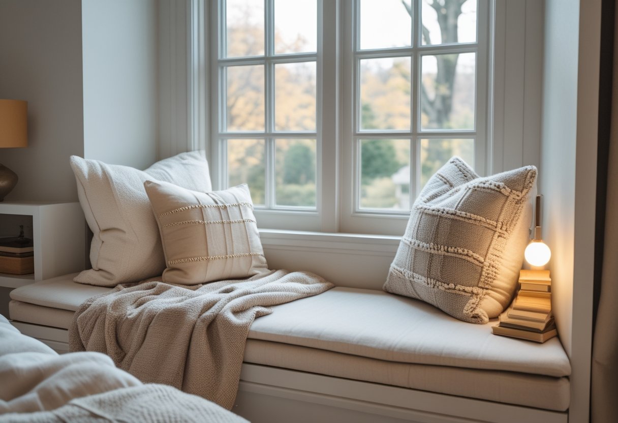 Cozy Bedroom Ideas 2026: Simple Ways To Make Your Space Feel Warm And Inviting 6 A window seat with cushions and a soft throw blanket in a bedroom under a large window, creating a cozy reading nook.