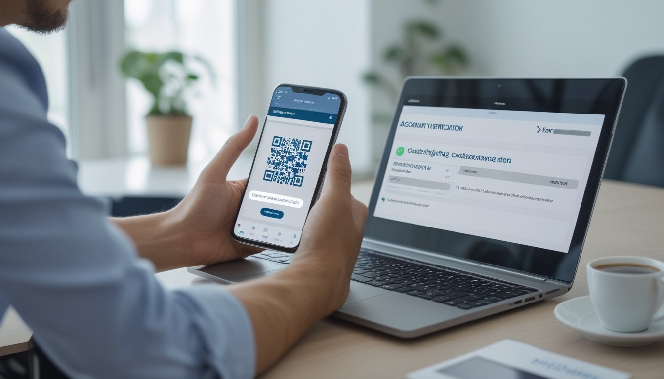 Seorang dewasa muda duduk di meja dengan laptop dan ponsel, sedang melakukan proses verifikasi akun secara online di ruang kerja yang rapi dan terang.