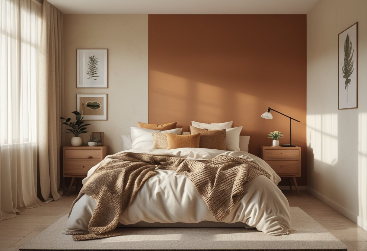 Cozy Bedroom Ideas 2026: Simple Ways To Make Your Space Feel Warm And Inviting 7 A cozy bedroom with neutral walls and a warm terracotta accent wall, featuring a bed with pillows, wooden furniture, and soft natural light.