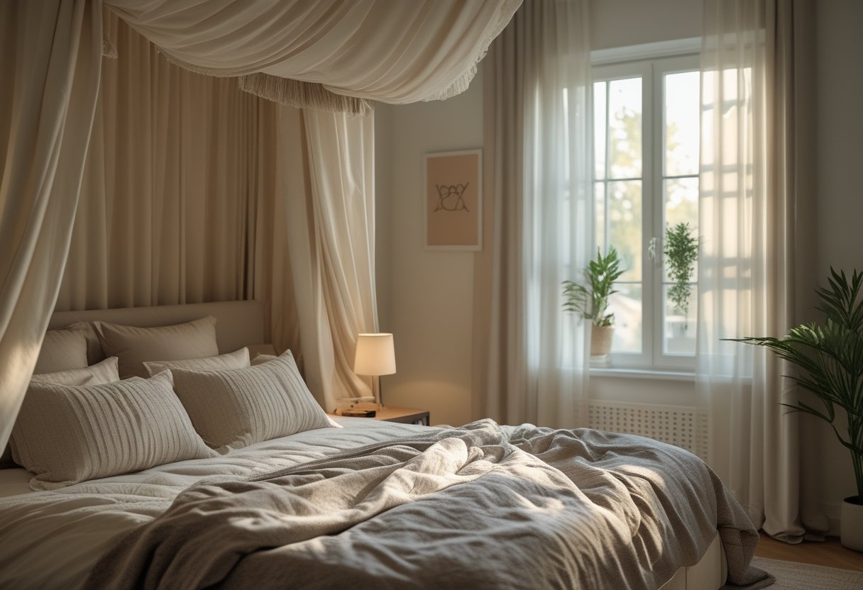 Cozy Bedroom Ideas 2026: Simple Ways To Make Your Space Feel Warm And Inviting 8 A cozy bedroom with a bed draped in sheer curtains hanging from a canopy frame, softly lit by natural light.