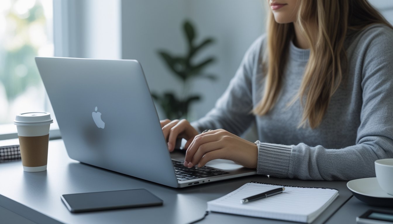 Seseorang menggunakan laptop di meja kerja modern dengan suasana tenang dan fokus, sedang mengatasi kendala pendaftaran online.