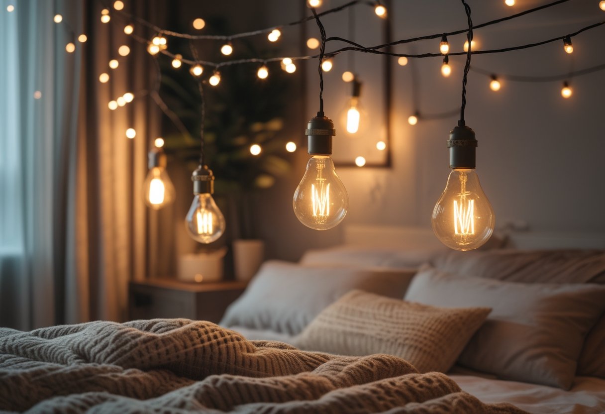Cozy Bedroom Ideas 2026: Simple Ways To Make Your Space Feel Warm And Inviting 10 A cozy bedroom with warm string fairy lights and vintage Edison bulb pendant lights softly lighting the space, featuring a made bed with pillows and a blanket.