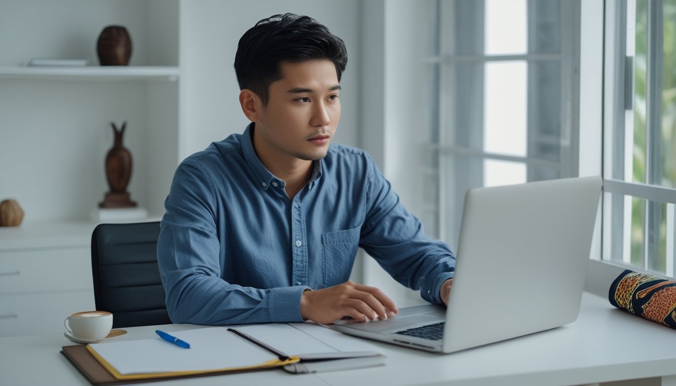 Seorang pria muda duduk di meja dengan laptop, fokus mendaftar secara online di situs sabung ayam resmi di ruang kerja yang terang dan rapi.