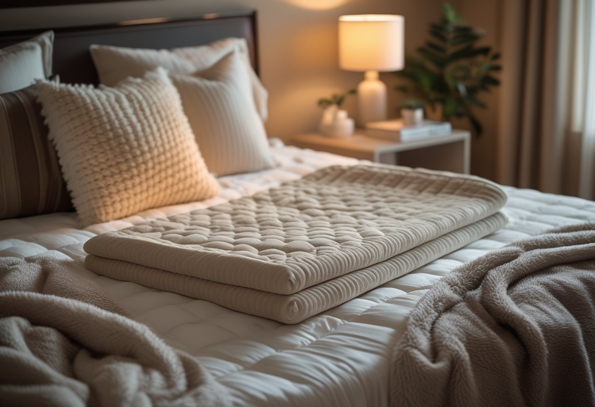 Cozy Bedroom Ideas 2026: Simple Ways To Make Your Space Feel Warm And Inviting 11 A neatly made bed with a heated mattress pad or plush electric throw blanket in a warmly lit bedroom with soft pillows and cozy decor.