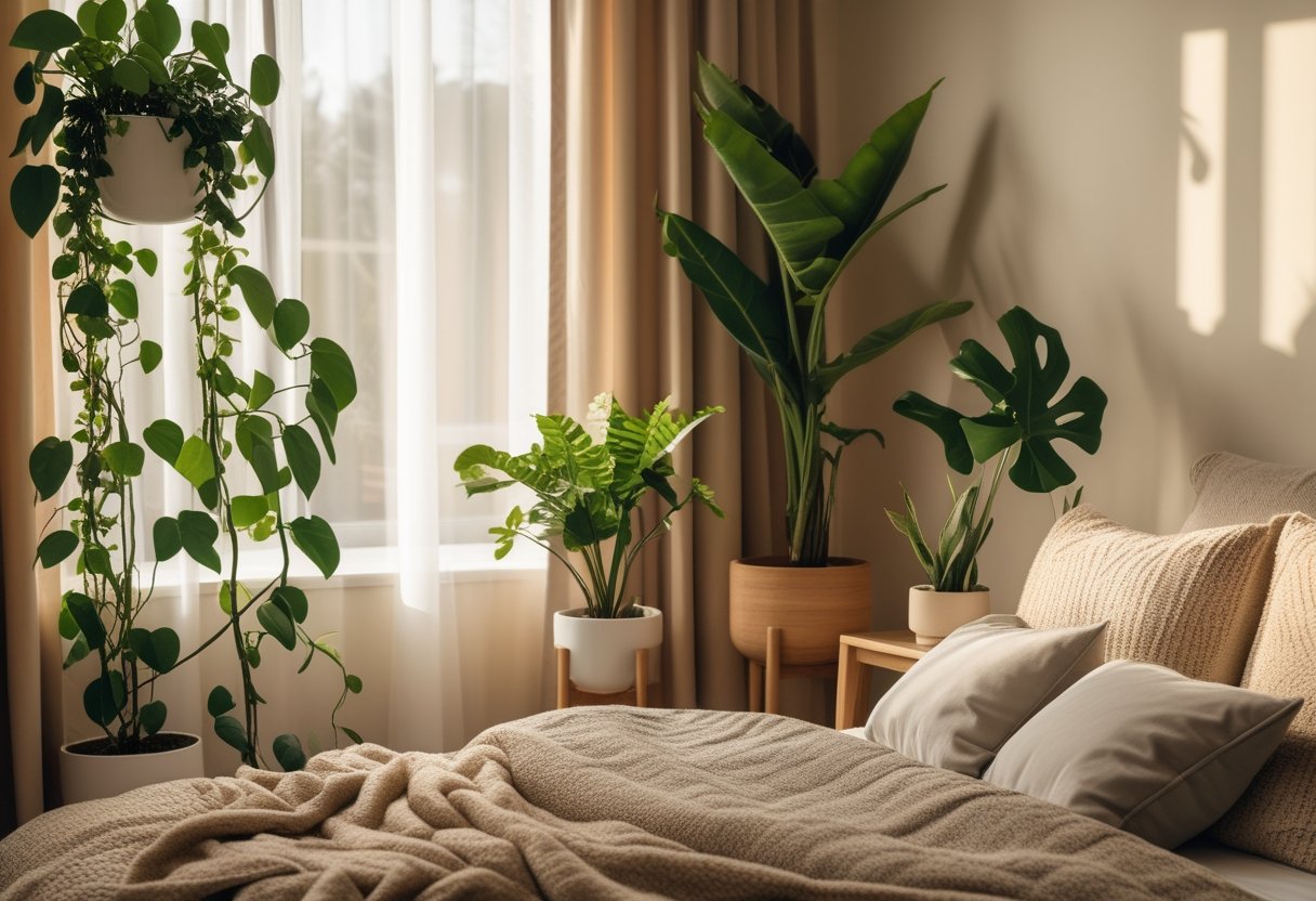 Cozy Bedroom Ideas 2026: Simple Ways To Make Your Space Feel Warm And Inviting 12 A cozy bedroom with a neatly made bed and several green houseplants including pothos, snake plant, and fiddle leaf fig, illuminated by soft natural light.