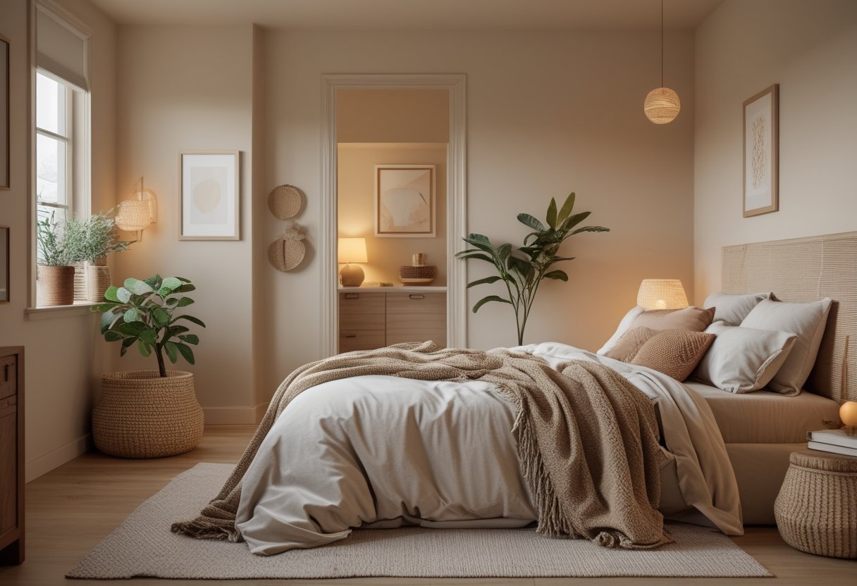 Cozy Bedroom Ideas 2026: Simple Ways To Make Your Space Feel Warm And Inviting 13 A cozy bedroom with a neatly made bed, warm lighting, wooden furniture, and soft decorative accents.