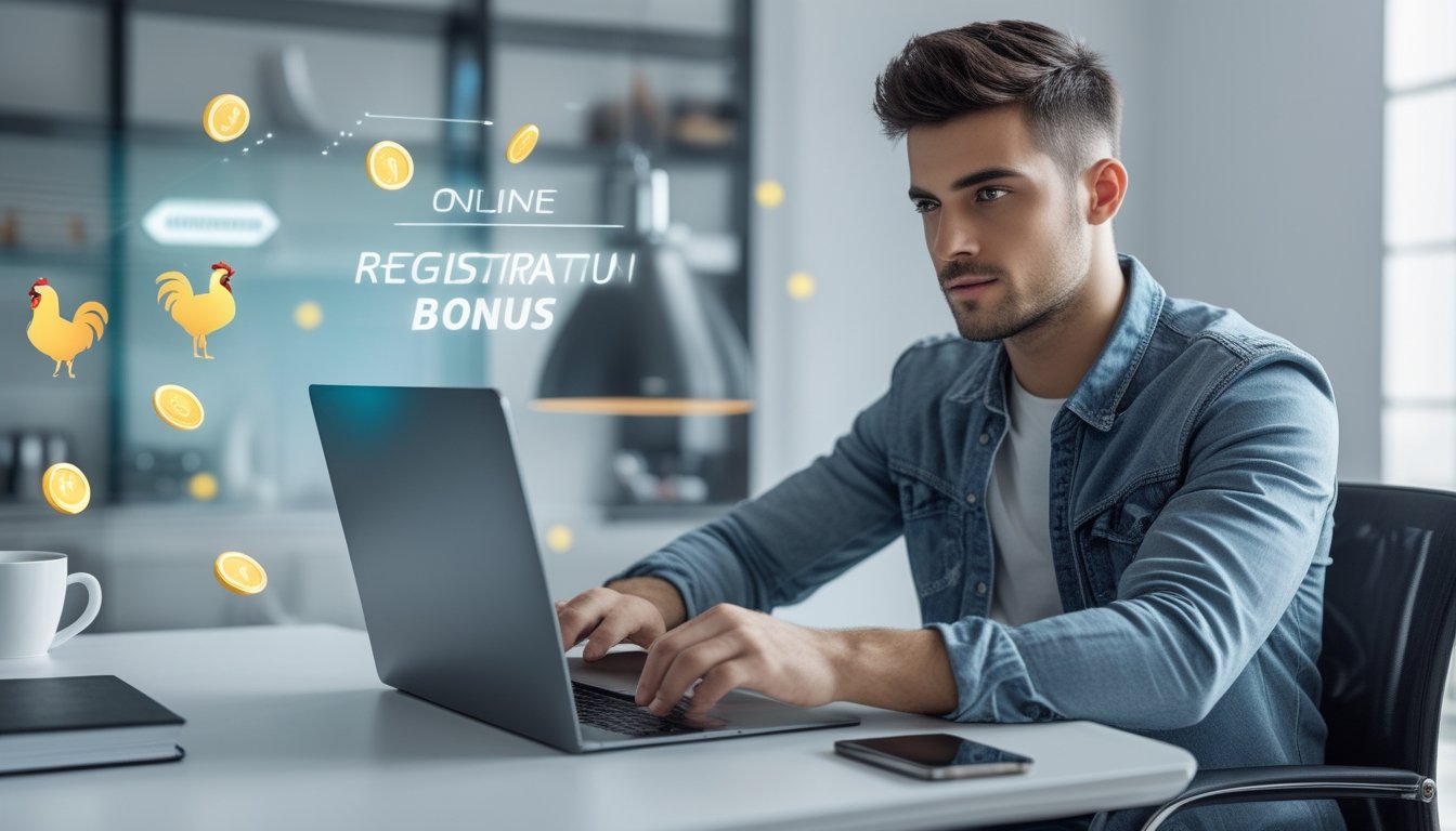 Seorang pria muda duduk di meja dengan laptop, fokus menggunakan komputer di ruang kerja modern.