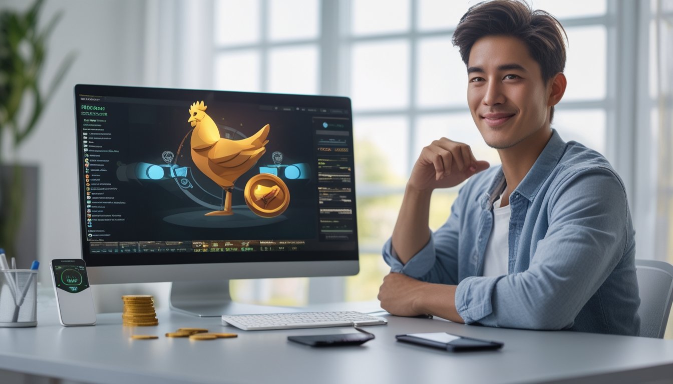 Seorang pria muda duduk di meja dengan laptop terbuka, menunjukkan suasana kerja di rumah yang cerah dan modern, menggambarkan pendaftaran akun judi sabung ayam online dengan suasana puas dan percaya diri.