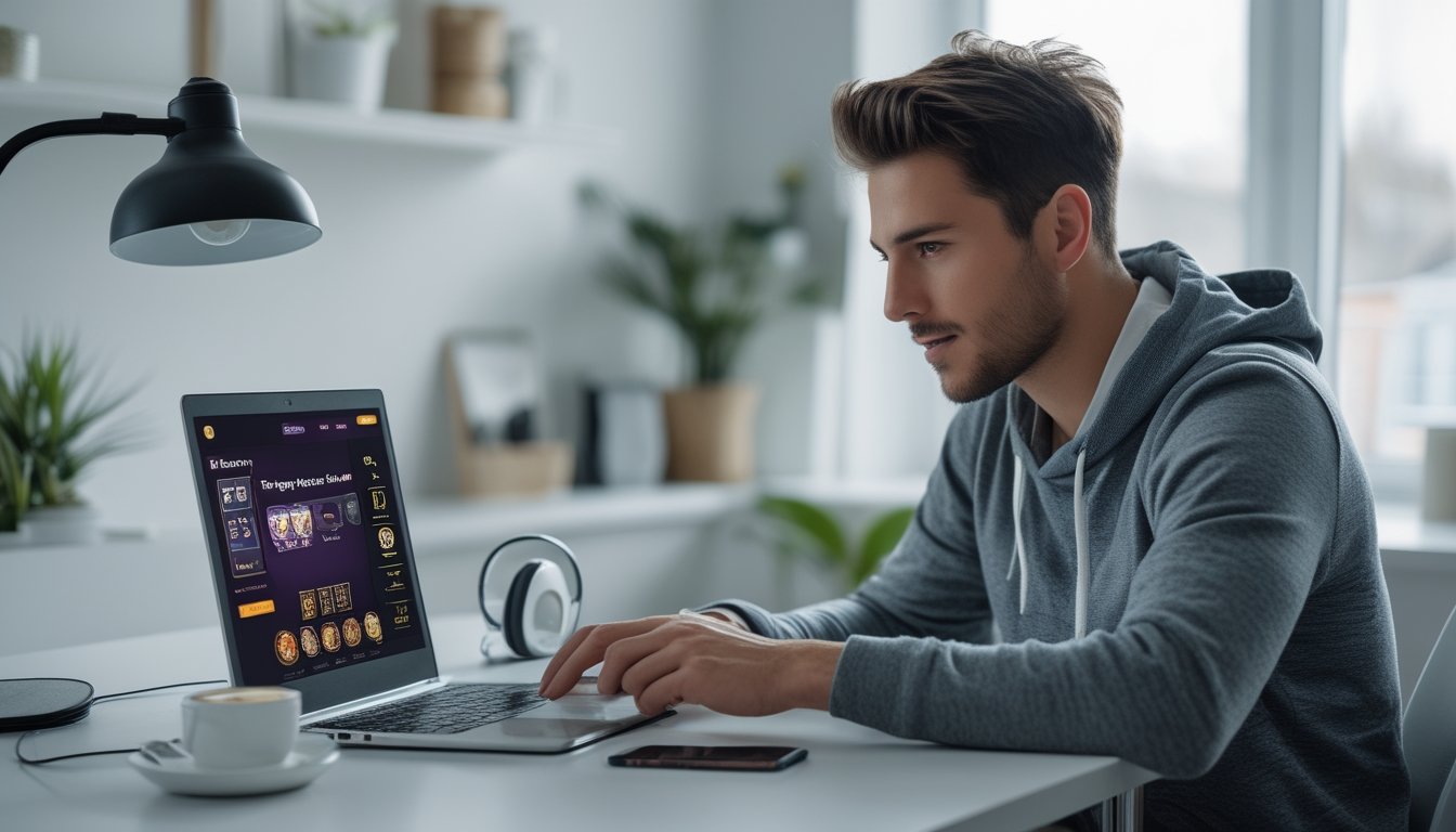 Seorang pria muda duduk di meja dengan laptop, fokus pada layar yang menampilkan permainan kartu online, di ruangan yang terang dan rapi.