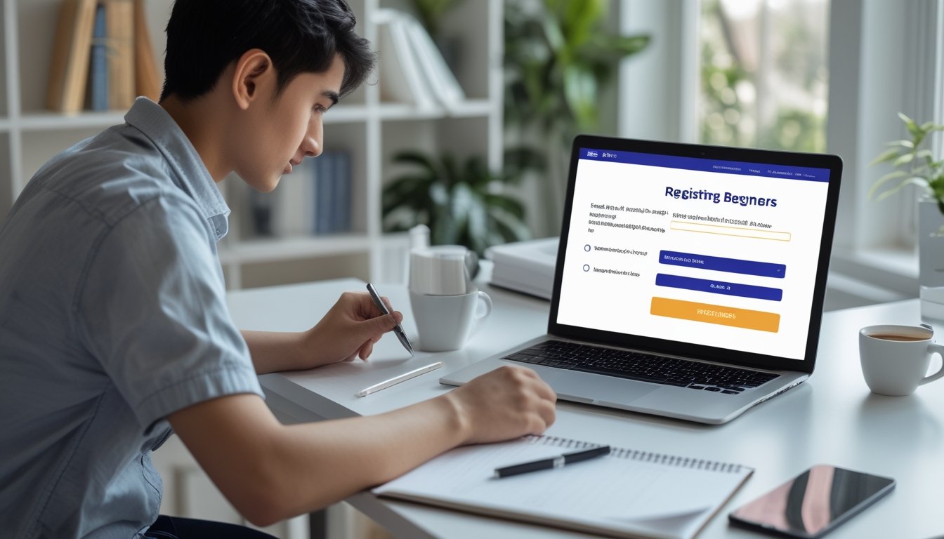 Seorang dewasa muda sedang duduk di meja kerja dengan laptop terbuka, mencatat di buku catatan, dan mempersiapkan pendaftaran judi online di ruang kerja yang rapi dan terang.