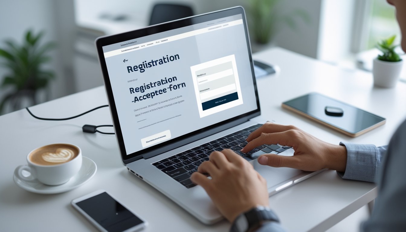 Seseorang sedang mengetik di laptop dengan formulir pendaftaran online terbuka di layar di sebuah meja kerja yang rapi.