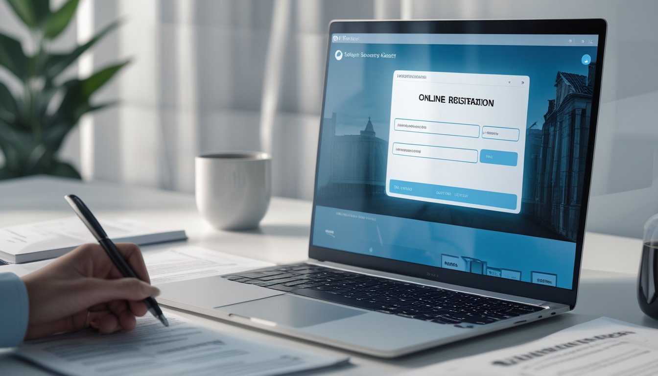 Seorang pengguna sedang duduk di depan laptop dengan dokumen dan pena di meja, meninjau syarat dan ketentuan pendaftaran di platform Ceme online.