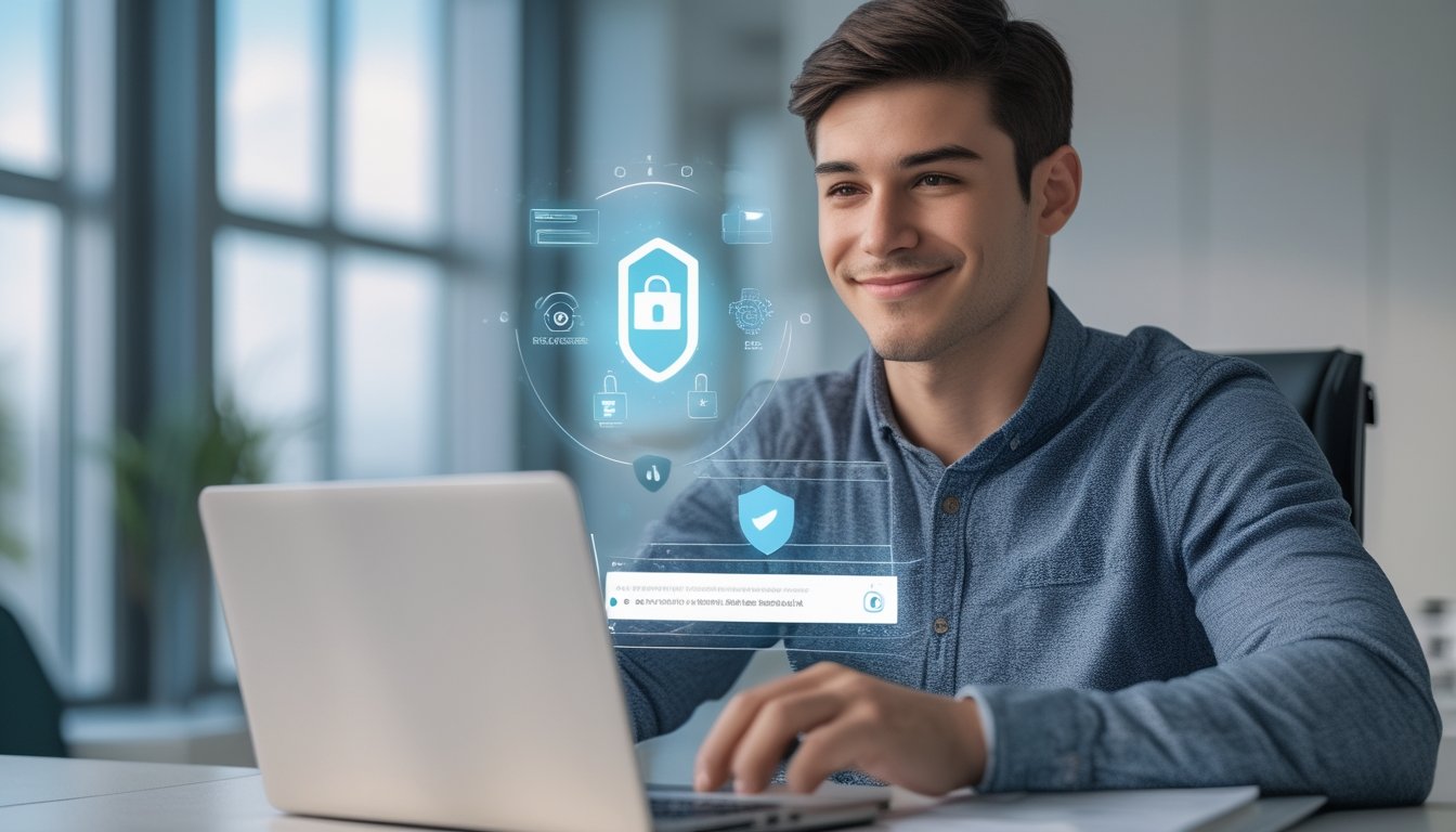 Seseorang duduk di depan laptop dengan layar login aman, dikelilingi ikon keamanan dan verifikasi, di sebuah kantor modern yang terang.