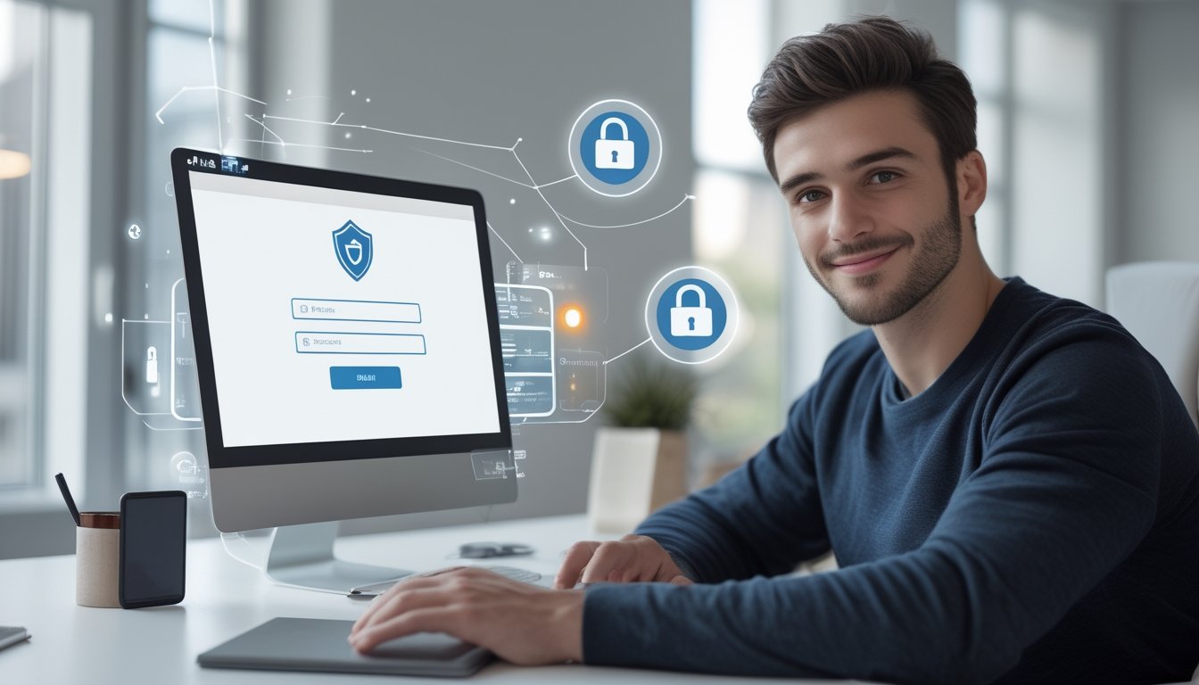 Seorang pria muda duduk di meja dengan laptop terbuka yang menampilkan layar login aman, dikelilingi ikon keamanan digital, di ruang kantor yang terang dan modern.