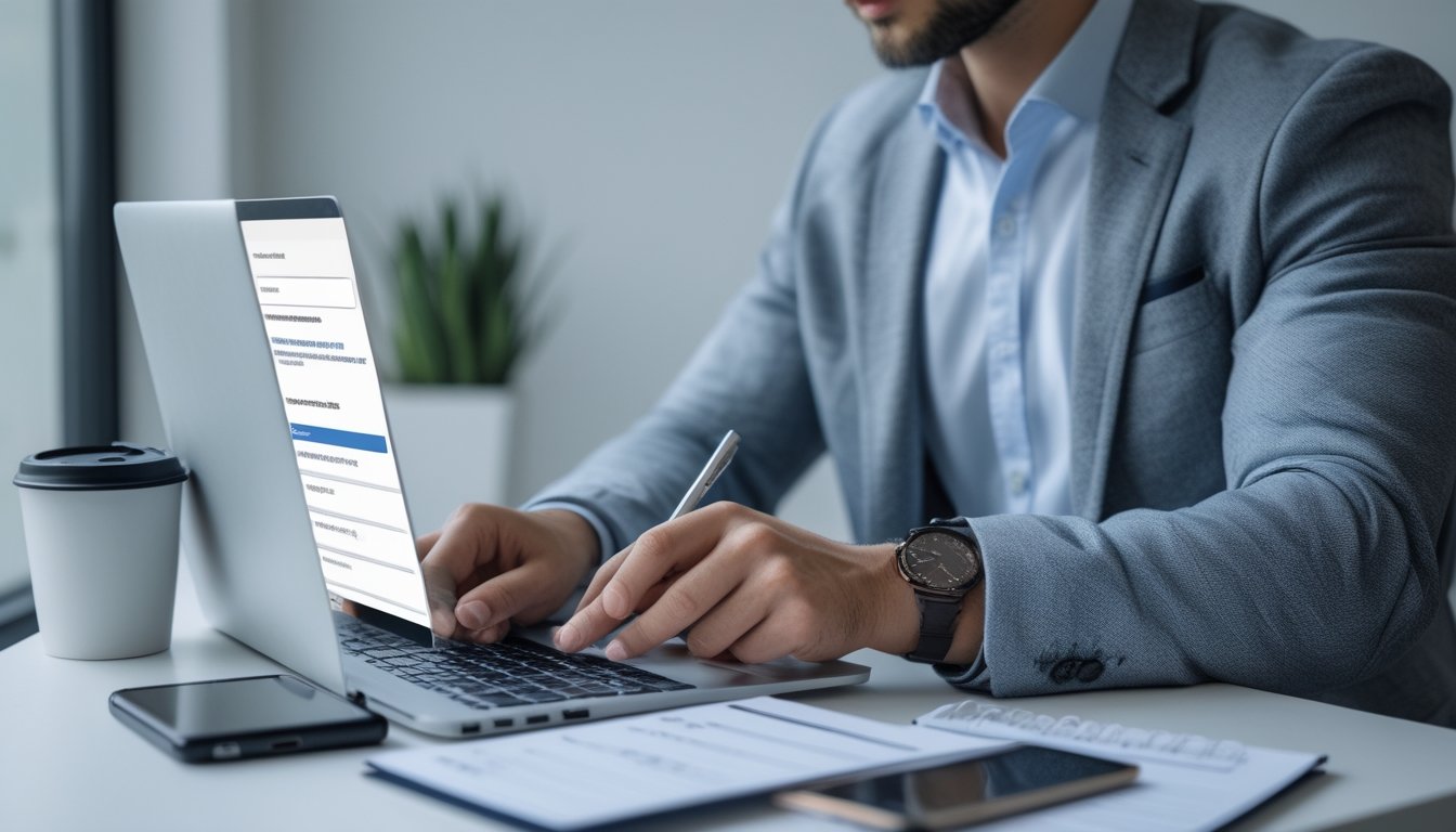 Seseorang sedang mengisi formulir pendaftaran online di laptop di ruang kerja yang rapi dan terang.