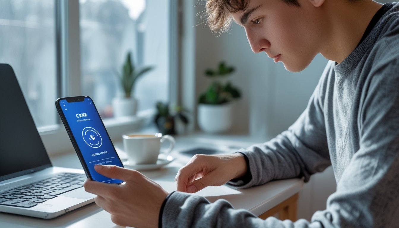 Seseorang sedang menggunakan smartphone untuk mendaftar Ceme online dengan aman di meja kerja di rumah.