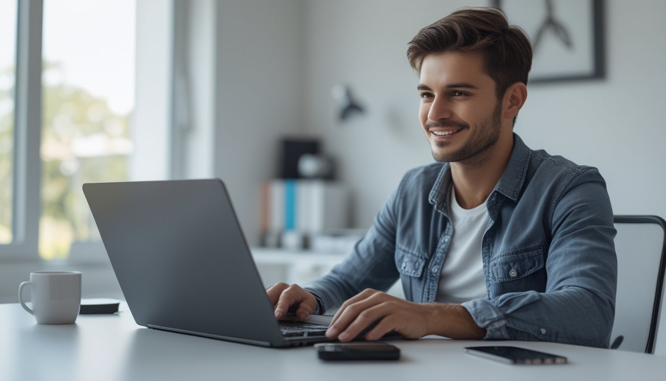 Seorang pria muda duduk di meja dengan laptop terbuka, fokus bermain permainan kartu secara online di ruangan terang dan rapi.
