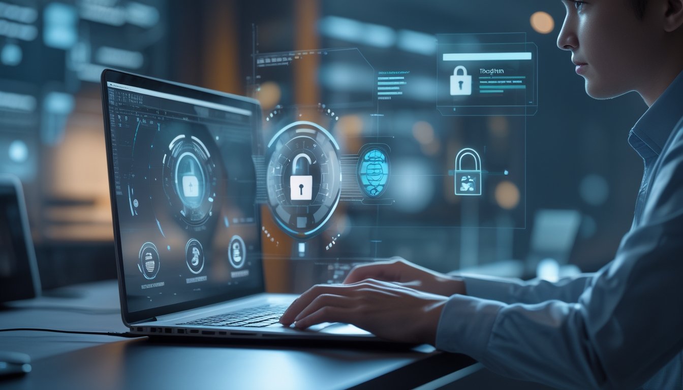 Seorang dewasa muda menggunakan laptop di ruang kerja modern dengan grafik keamanan digital di layar, melambangkan perlindungan data saat mendaftar permainan online.