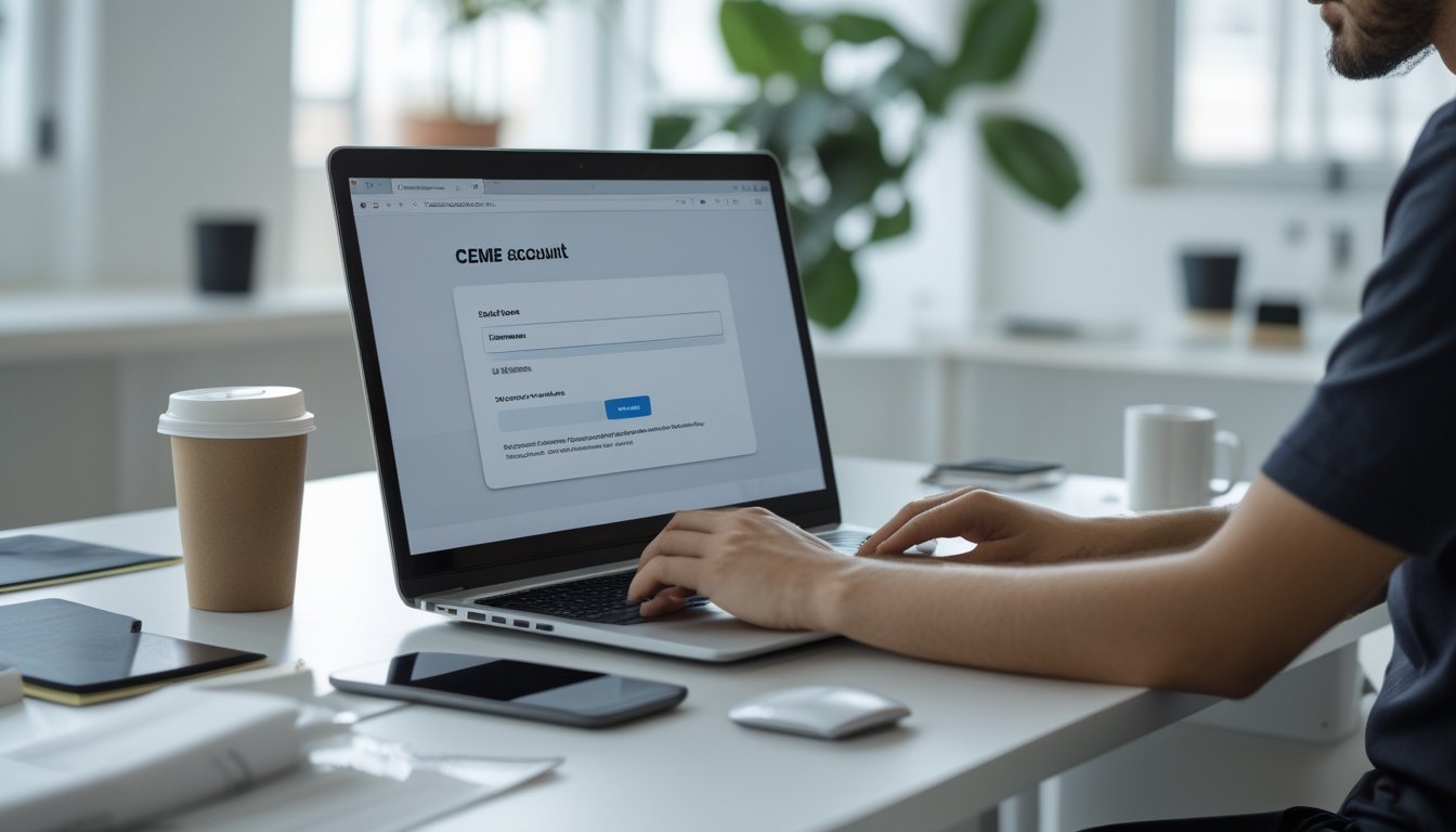 Seseorang sedang menggunakan laptop di meja kerja dengan suasana kantor yang rapi dan terang, fokus mengatasi kendala pendaftaran akun online.