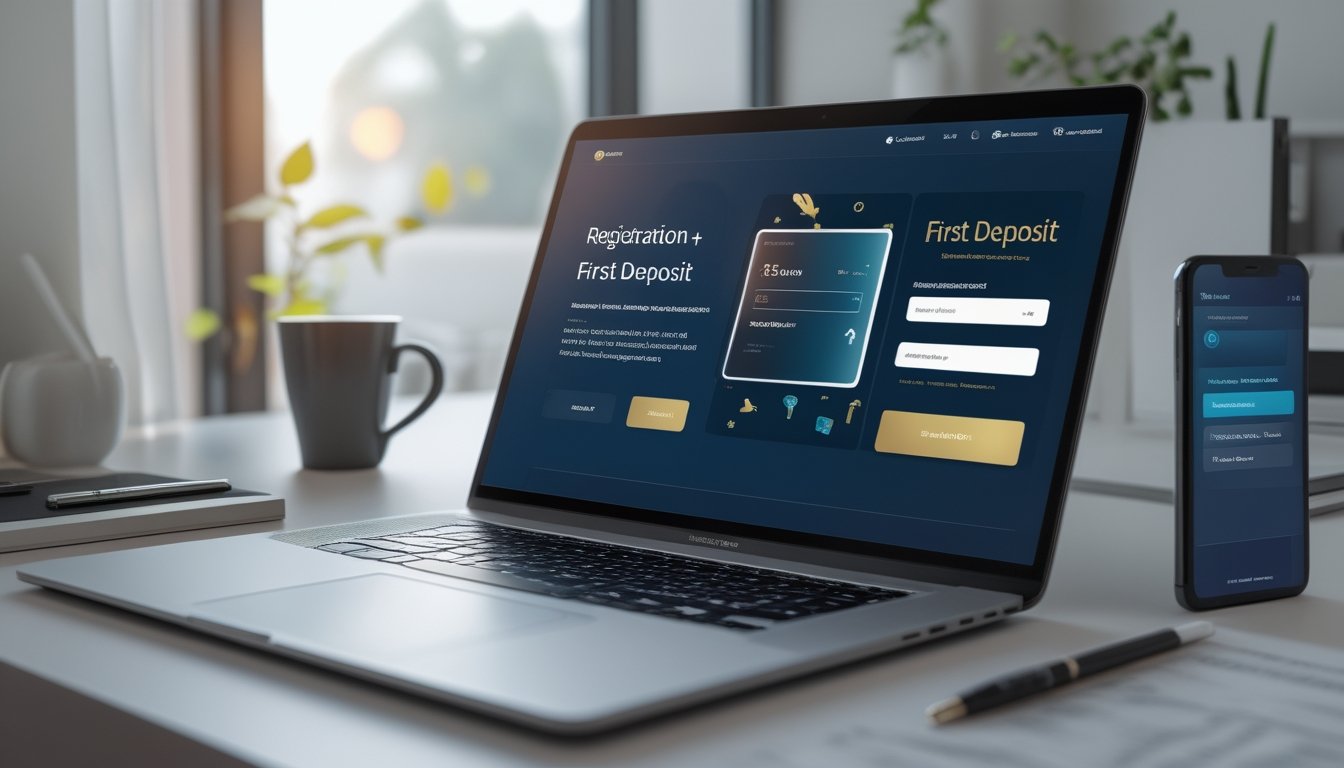 Sebuah ruang kerja modern dengan laptop menampilkan formulir pendaftaran dan smartphone menunjukkan konfirmasi deposit digital.