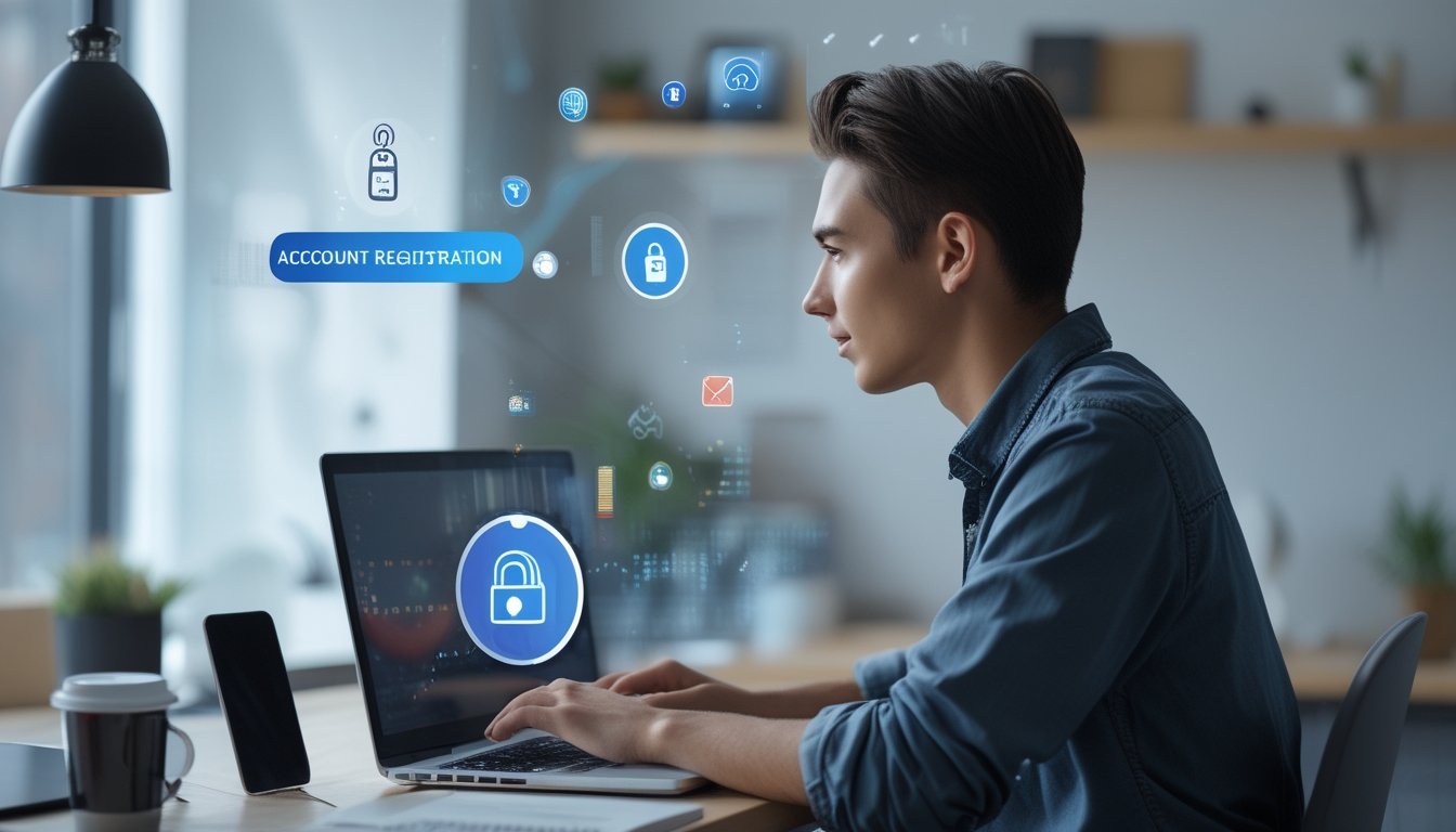 Seseorang duduk di meja menggunakan laptop untuk mendaftar akun Ceme online dengan fokus.