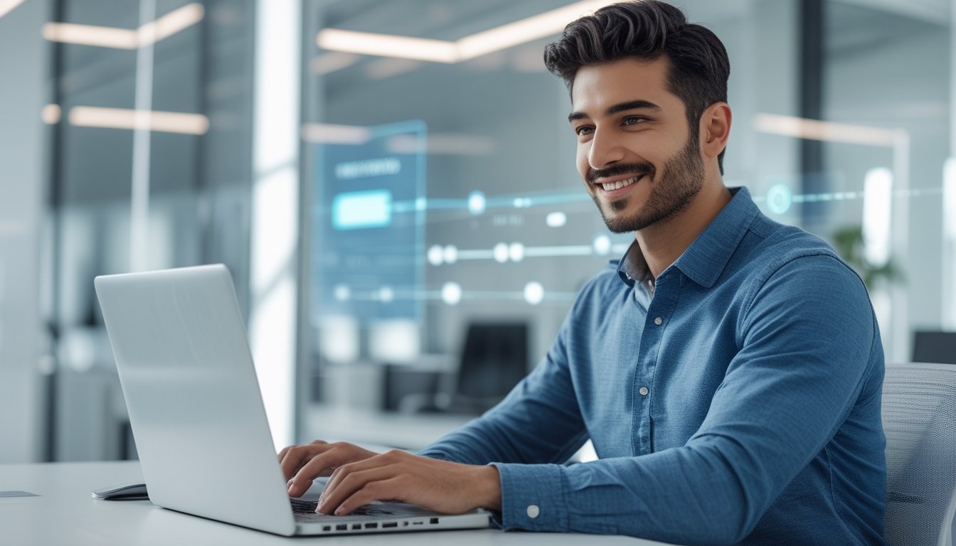 Seorang pria muda duduk di meja dengan laptop, terlihat fokus dan puas dalam suasana kantor yang terang dan modern.