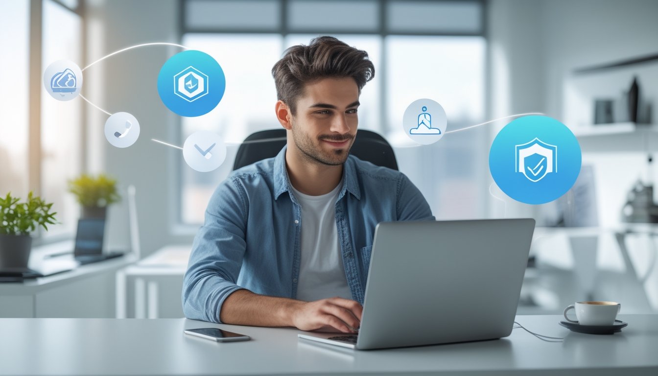 Seorang pria muda duduk di meja modern menggunakan laptop dengan ekspresi fokus dan puas di kantor yang terang dan bersih.
