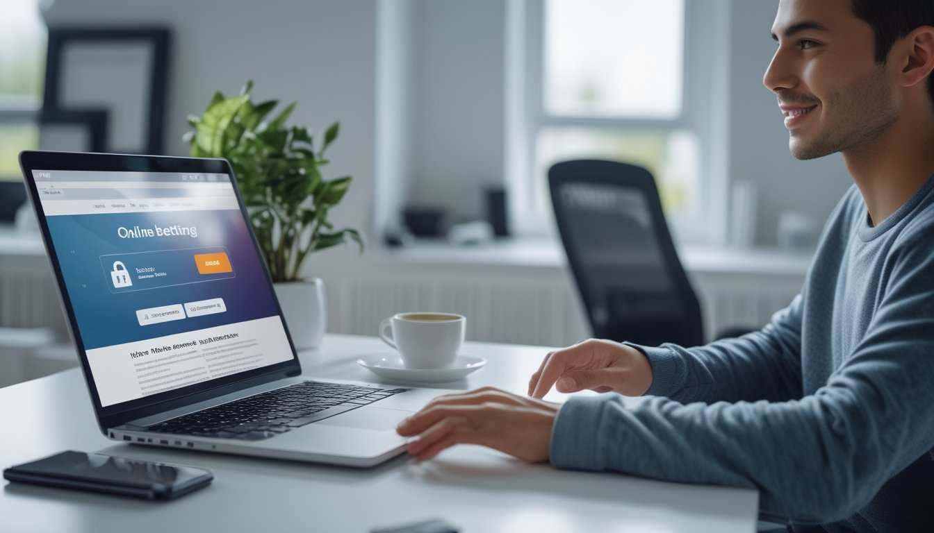 Seorang dewasa muda duduk di meja dengan laptop, menggunakan platform taruhan online dengan aman di ruang kerja yang terang dan rapi.