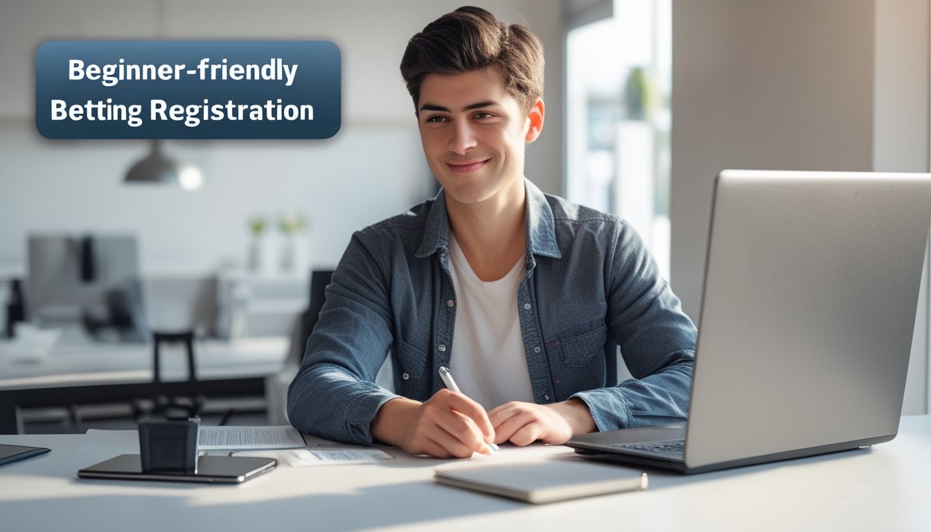 Seorang pemula sedang duduk di meja dengan laptop, fokus mengisi formulir pendaftaran akun taruhan online.