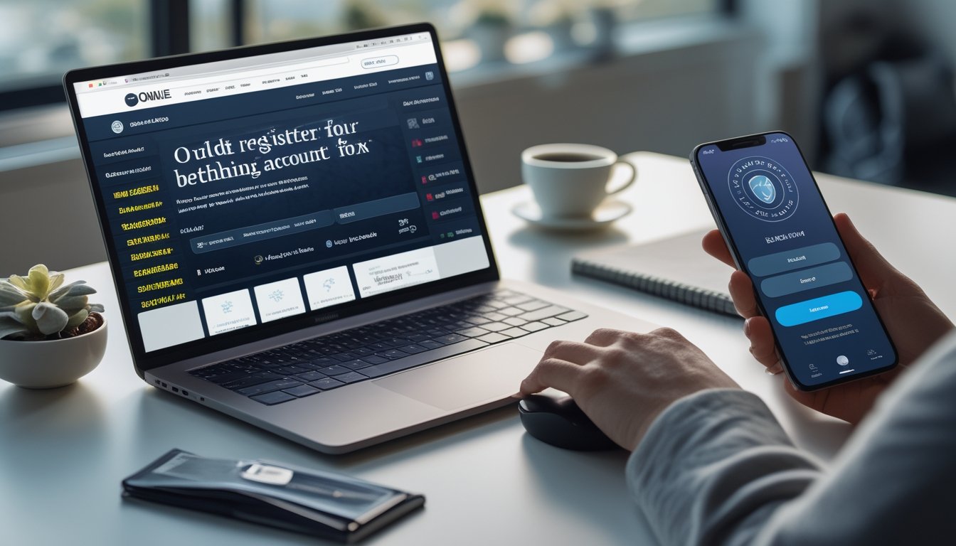 Seseorang menggunakan laptop dan smartphone di meja kerja yang rapi, mempersiapkan diri memilih platform taruhan online terpercaya.