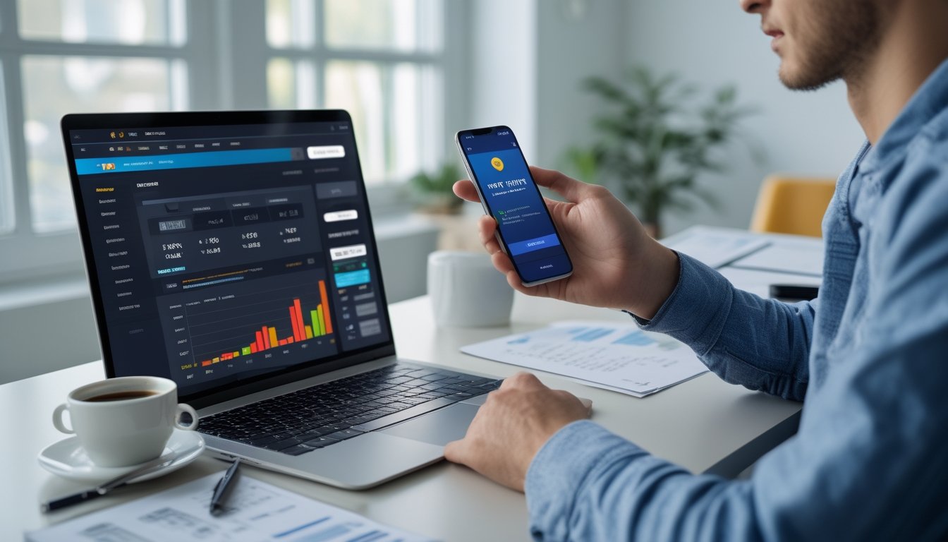 Seorang pria muda duduk di depan laptop dan memegang ponsel yang menampilkan aplikasi dompet digital, sedang melakukan pengisian saldo deposit untuk akun betting.