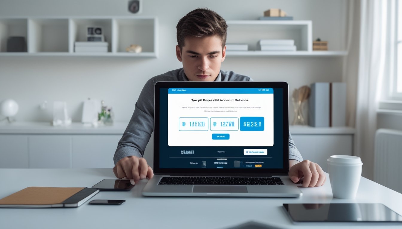 Seorang pria muda duduk di meja dengan laptop dan smartphone, sedang mengisi saldo deposit akun secara online.