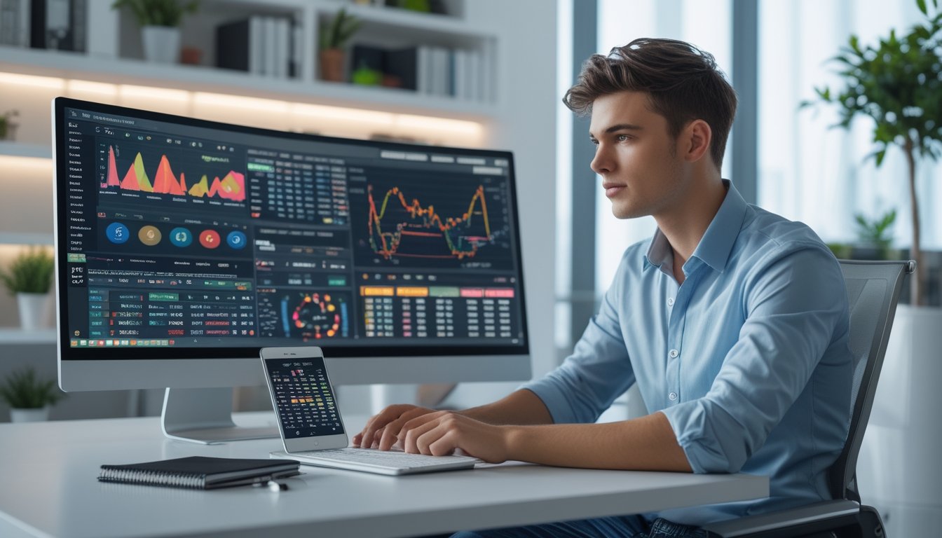 Seorang pria muda duduk di meja kantor modern sambil melihat layar komputer yang menampilkan grafik dan data pasar taruhan.