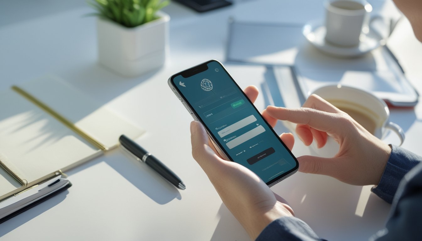 Seseorang sedang menggunakan smartphone untuk mendaftar akun betting dengan latar meja kerja yang rapi.