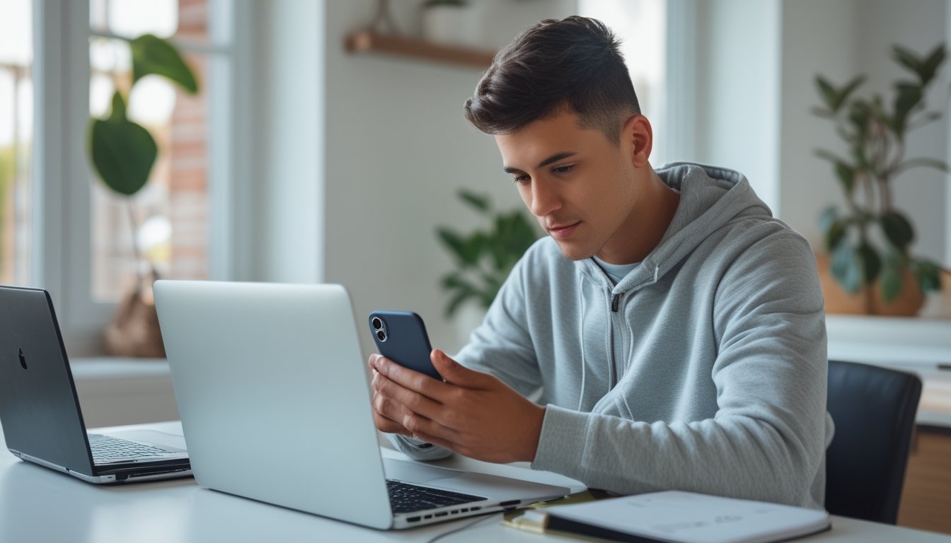 Seorang dewasa muda menggunakan smartphone di meja kerja yang rapi untuk mendaftar akun secara online.