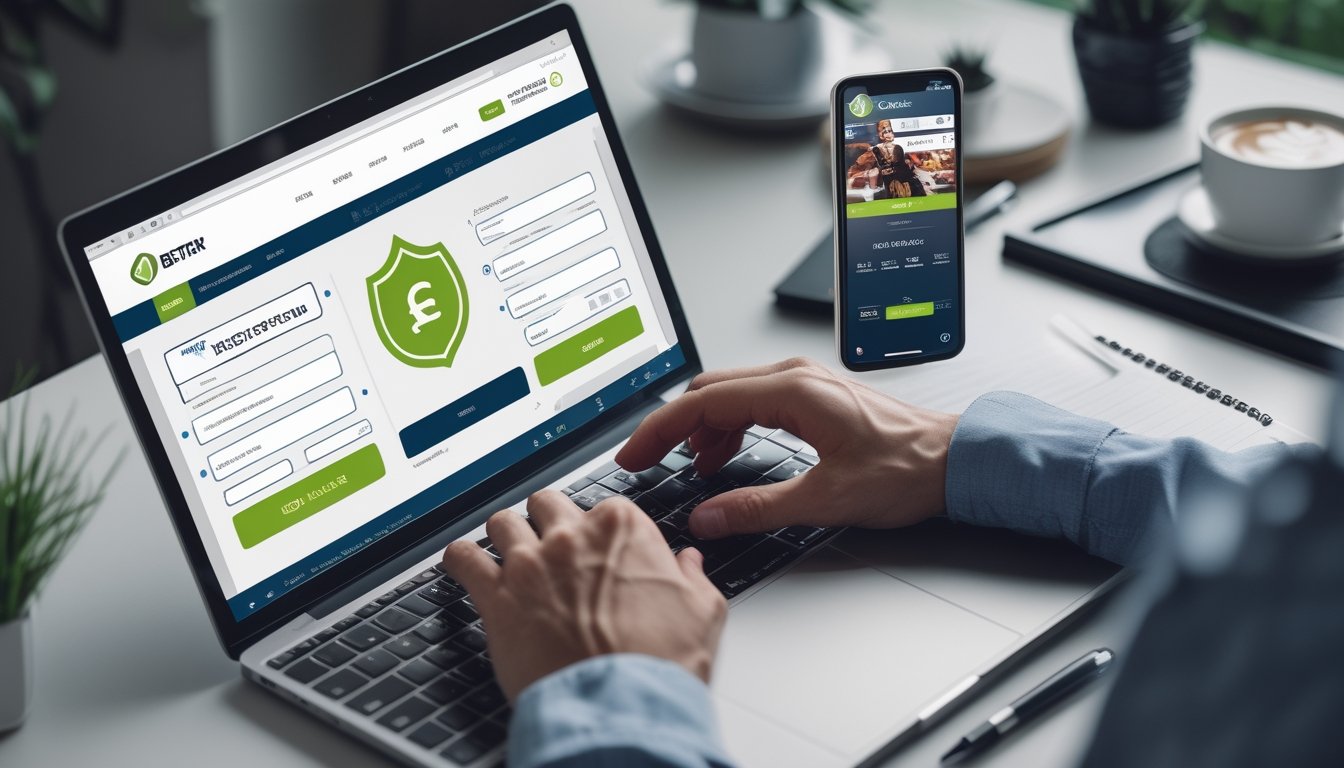 Seseorang sedang menggunakan laptop dan ponsel di meja kerja yang rapi untuk mendaftar di situs betting online terpercaya.