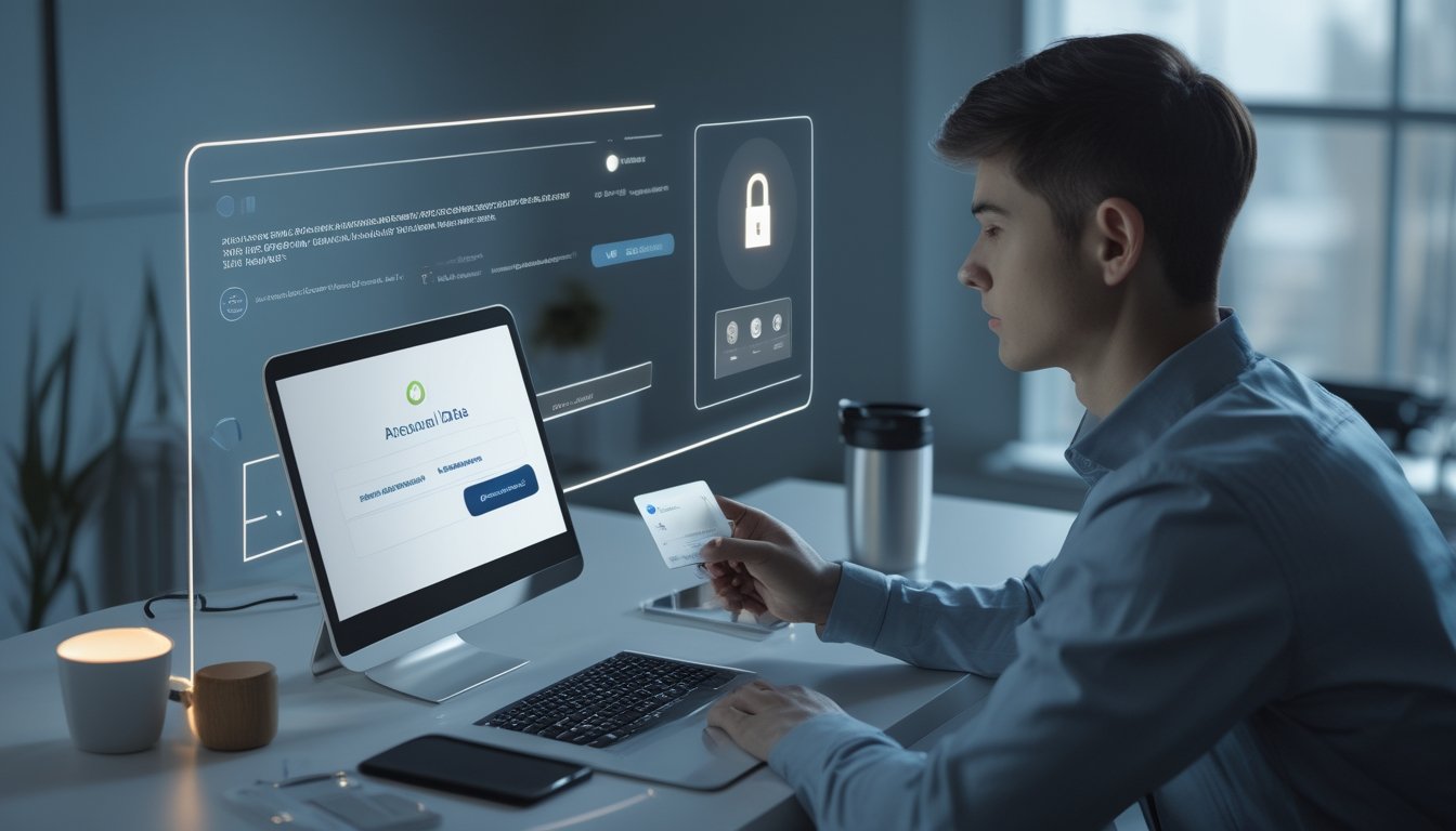 Seseorang sedang memverifikasi data diri menggunakan laptop dan kartu identitas di meja kerja yang rapi.