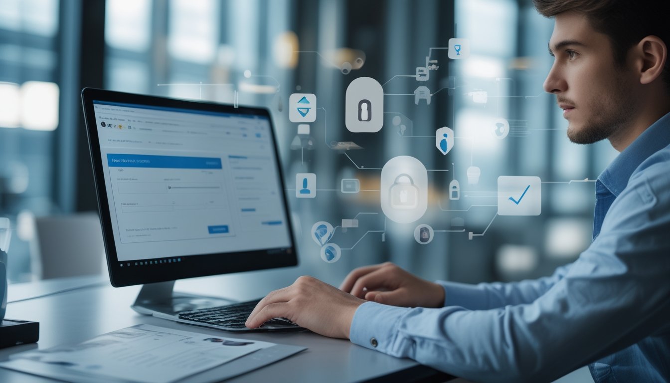 Seseorang duduk di depan laptop dengan dokumen identitas dan ponsel, sedang melakukan verifikasi data diri untuk registrasi akun.